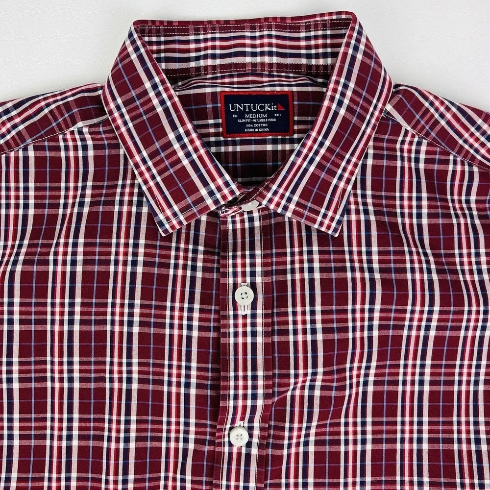 UNTUCKit Red Blue White Plaid Slim Fit Wrinkle Free Cotton‎ Btn Down Medium M